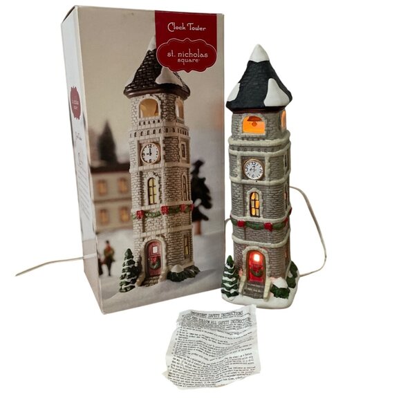 St Nicholas Square Lighted Clock Tower Christmas Village Collection Kohls 2008 - Picture 1 of 13